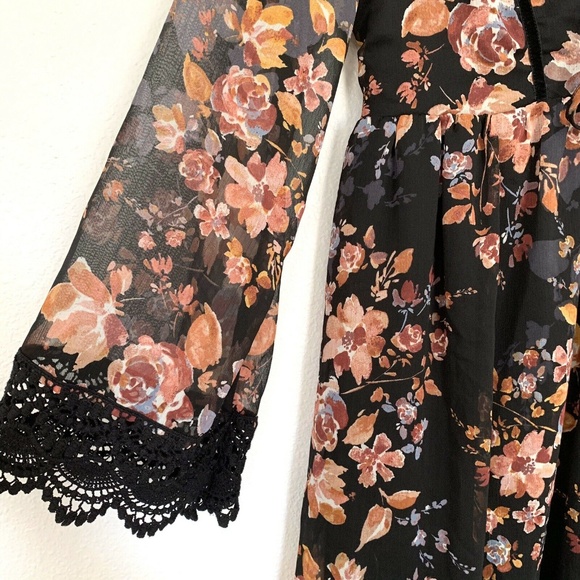 Xhilaration Black Floral Lace Up Long Sleeve Dress - Picture 2 of 8